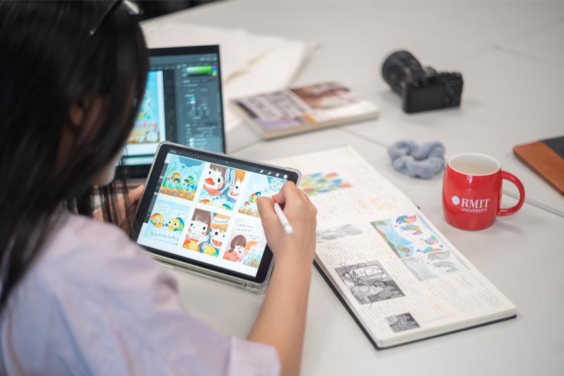 Vietnamese university students engaging in campus life, studying or interacting with peers